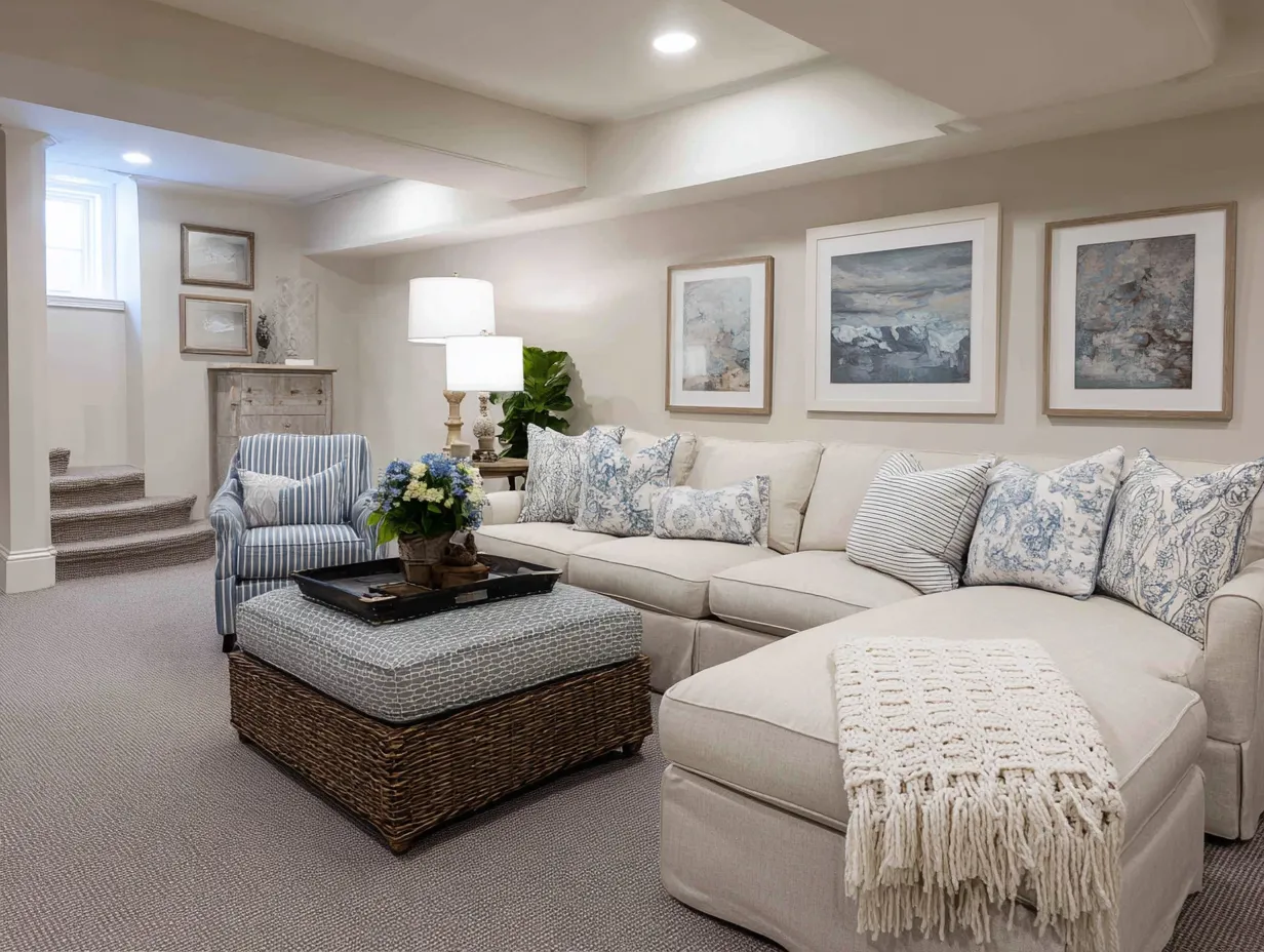 Finished basement with built-in storage solutions and modern lighting